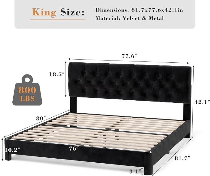 Vipbear King Bed Frame, Velvet Fabric Upholstered Platform Bed with Button Tufted Headboard, Strong Wooden Slats Support, Noise Free, Easy Assembly, Adjustable Headboard, No Box Spring Needed, Black | Plush velvet