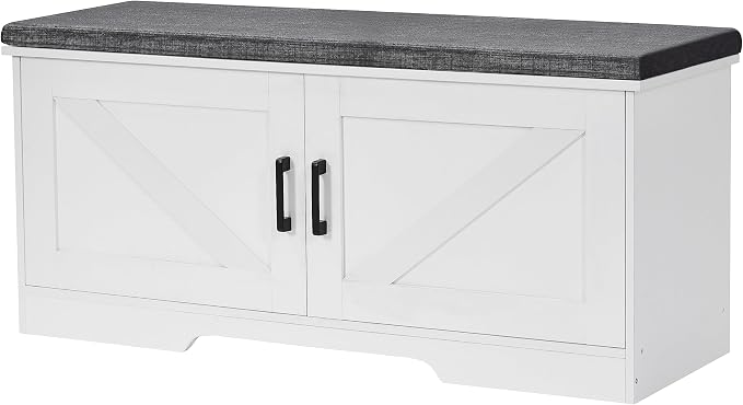 HOMSHO Farmhouse Shoe Storage Bench with 2 Barn Doors & Padded Seat Cushion | 39.4" Wide Entryway Bench with Adjustable Shelves & Hidden Storage, White