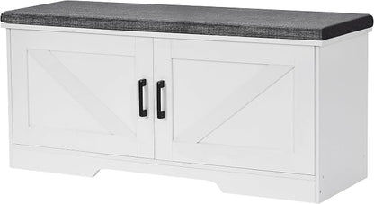 HOMSHO Farmhouse Shoe Storage Bench with 2 Barn Doors & Padded Seat Cushion | 39.4" Wide Entryway Bench with Adjustable Shelves & Hidden Storage, White