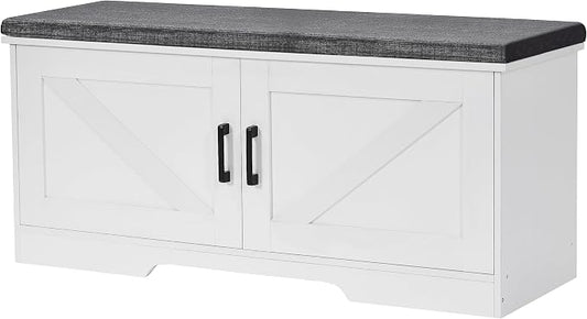 HOMSHO Farmhouse Shoe Storage Bench with 2 Barn Doors & Padded Seat Cushion | 39.4" Wide Entryway Bench with Adjustable Shelves & Hidden Storage, White