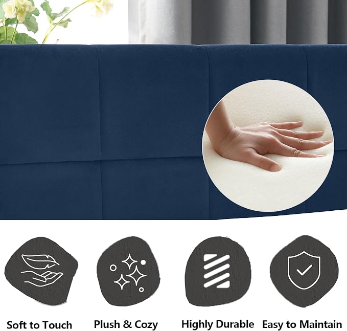 Bellemave Queen Size Corner Bed Frame with Comfortable Backrest and Armrests, Velvet Tufted Corner Bed Frame Queen Size, Upholstered Daybed for Bedroom, Living Room, Guest Room, Dark Blue