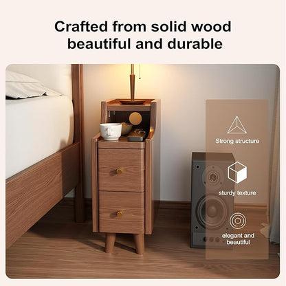 Narrow Nightstand with 2 Drawers,Walnut Nightstand,Bedside Table,Solid Wood Modern Bedside Table for Bedroom,Study,Toilet
