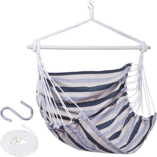 Backyard Expressions Striped Hammock Chair Hanging Rope Swing Chair, Anti Slip Steel Spreader Bar