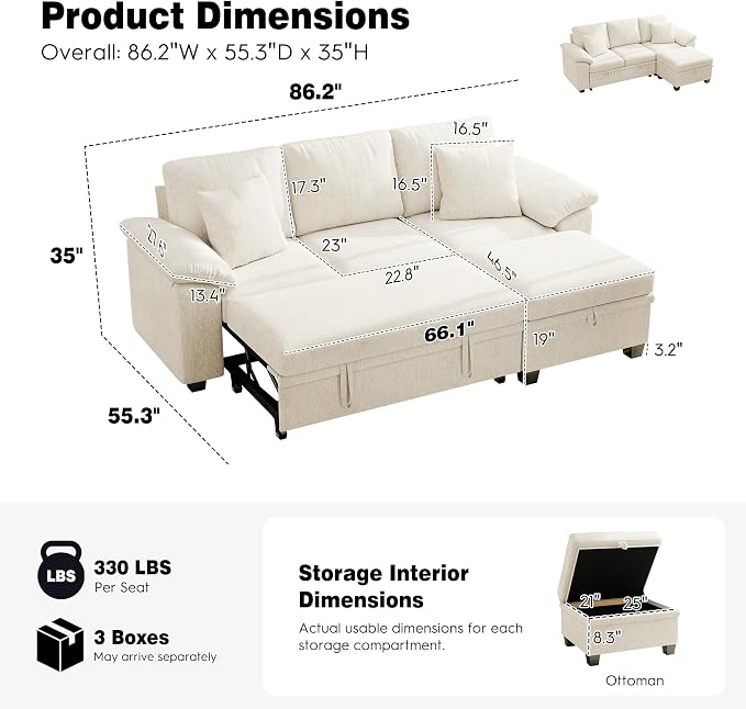 Ihanherry 86" Modular Sectional Sofa with Pull Out Bed, 4-Seater L Shaped Sectional Sleeper Couch with Storage Ottoman, Chenille Convertible Couches for Living Room, Apartment (Beige)