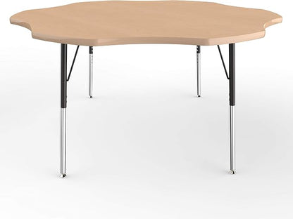 FDP Flower Activity School and Office Table (60 inch), Standard Legs with Swivel Glides for Collaborative Seating Environments, Adjustable Height 19-30 inches - Maple Top and Maple Edge