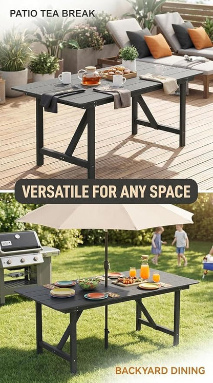 Amopatio HDPE Patio Outdoor Dining Table for 6 All Weather Rectangular Table with Umbrella Hole for Porch Deck Garden Backyard Poolside