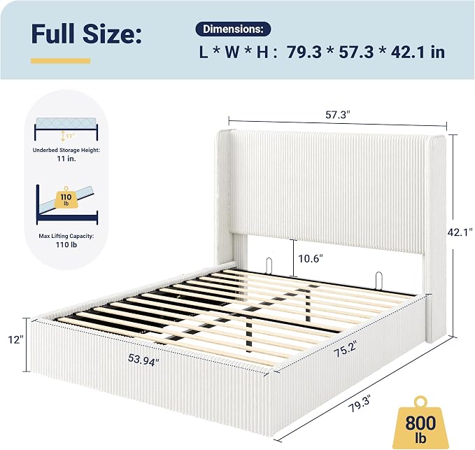 Allewie Full Lift-Up Storage Bed Frame with Modern Wingback Headboard, Corduroy Upholstered Platform Bed, Hydraulic Gas Lift Support, Underbed Storage, Wooden Slats, No Box Spring Needed, White
