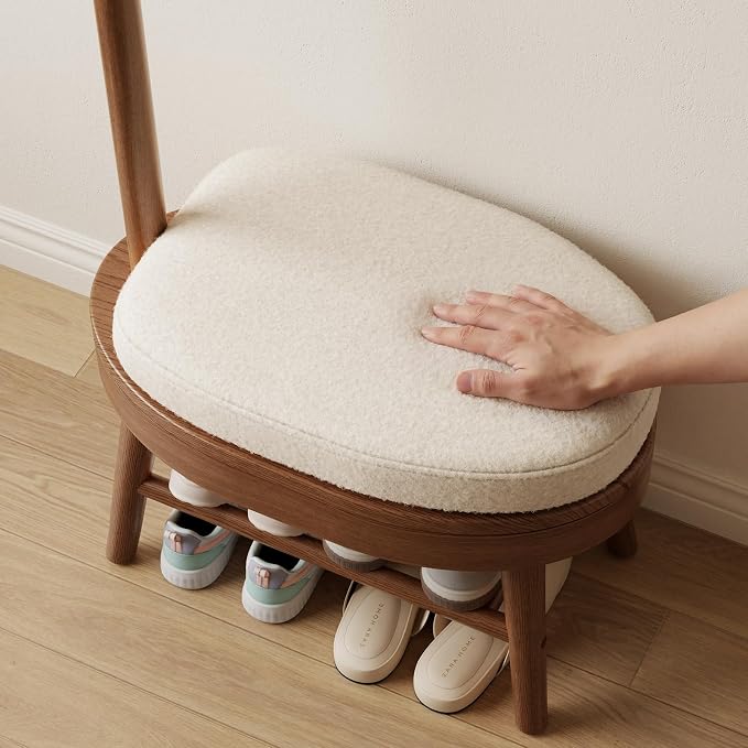 AQIMUELE Entryway Shoe Rack with Coat Rack, Wooden Shoe Bench with Upholstered Cushion, 3-in-1, 2-Tier Shoe Storage and Cute Animal Hooks for Entryway, Hallway, Closet (Walnut 24.4")