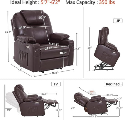 MCombo Oversized Power Lift Recliner Chair for Elderly, Lift Chair with Heat and Massage for Big and Tall, USB&Type C Ports, Cup Holders, Faux Leather R7510 (Dark Brown, Large-Wide)