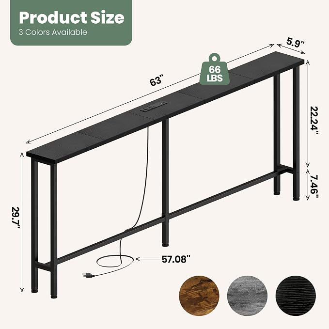 GRLEAF 63" Narrow Console Sofa Table with Built-in Power Strip (2 AC Outlets & 2 USB Ports) – 4.9ft Power Cord, Metal Frame, Easy Assembly, Ideal for Behind Couch, Hallway, and Home Office | Black