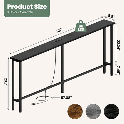 GRLEAF 63" Narrow Console Sofa Table with Built-in Power Strip (2 AC Outlets & 2 USB Ports) – 4.9ft Power Cord, Metal Frame, Easy Assembly, Ideal for Behind Couch, Hallway, and Home Office | Black