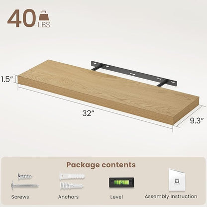 Vivelove 32 Inch Floating Shelves for Wall, 32x9 Display Shelves for Bathroom Living Room Kitchen Bedroom Office Farmhouse Home Decor - Set of 2, Oak