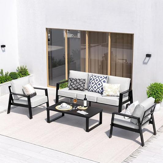 Aluminum Outdoor Patio Furniture Set, 4 Piece Sectional Coversation Sets with Coffee Table, Modern Outdoor Sofa Couch with Thick Cushions for Porch, Balcony, Garden, Light Grey