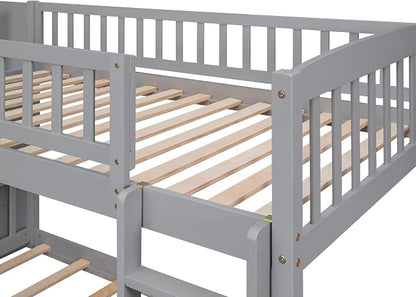Ball & Cast Twin Over Twin Size Bunk Bed with Two Drawers and Slide,Wood Bunkbed w/Full-Length Guardrails & Storage Convertible Ladder,Space Saving,Slat Support,Bedframe for Child's BedroomGray