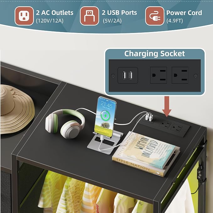 HIGDBFE Dresser with Hanging Rack, 8-Drawer Dresser for Bedroom with Charging Station & LED Lights, Fabric Dressers with Shoe Rack, Chest of Drawers with Wooden Top for Bedroom, Black, 11.8" D