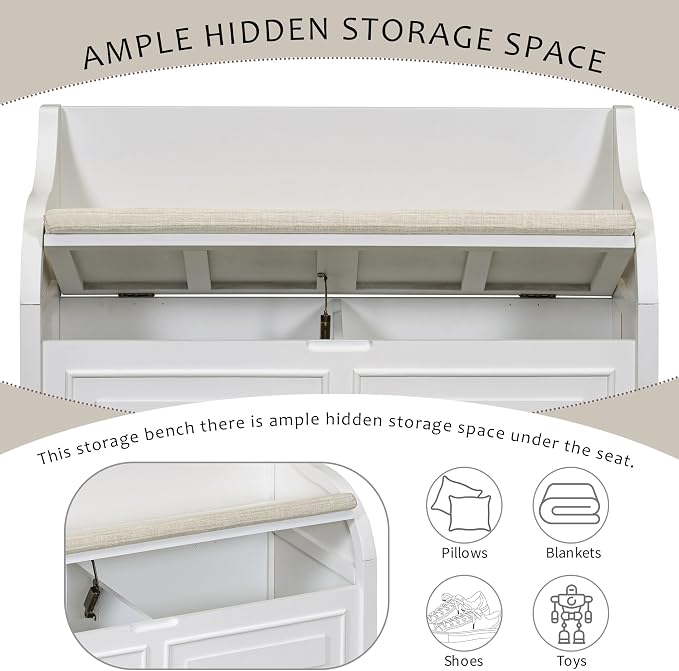 Knocbel Rustic Entry Storage Bench with Hidden Compartments and Removable Cushion, Wooden Entryway Hallway Foyer Shoe Bench Bedroom End of Bed Bench (White and Beige)