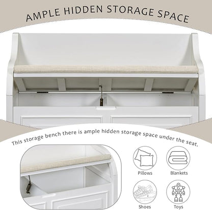 Knocbel Rustic Entry Storage Bench with Hidden Compartments and Removable Cushion, Wooden Entryway Hallway Foyer Shoe Bench Bedroom End of Bed Bench (White and Beige)