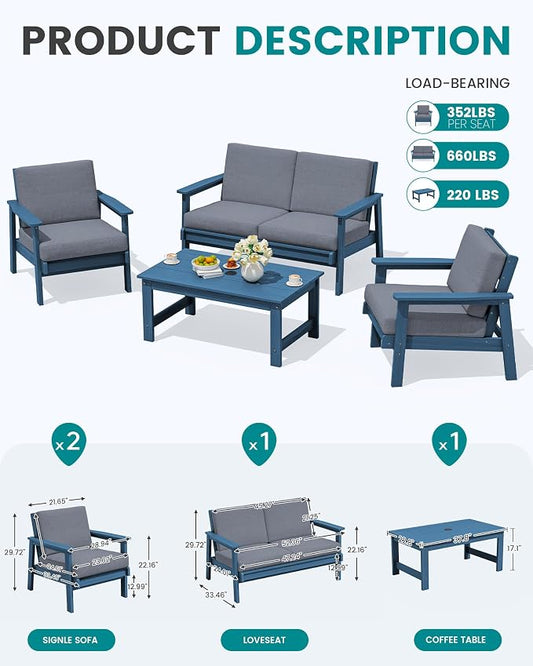 SERWALL 4 Piece HDPE Outdoor Furniture Set, All Weather Wood-Like Outdoor Sofa Sectional Couch, Blue Patio Furniture Set with Grey Cushions