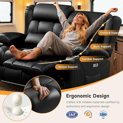 Power RV Loveseat Recliner Sofa, Electric Reclining Loveseat RV Couch with USB & Type-C Ports, Zero Wall Hugger RV Furniture with Storage & LED Light for Travel Trailers Home Theater Seating