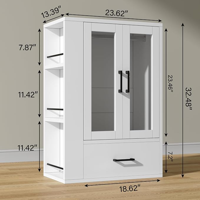 Wooden Dog Closet with LED Lights, Pet Wardrobe Organizer | Storage Cabinet for Dog & Cat Clothes, Toys, Food | Multi-Use Furniture, White