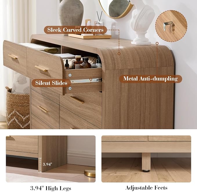 Curved 8 Drawer Dresser for Bedroom, 53.82'' Wide Chest of Drawers, Modern Storage Cabinet for Hallway & Living Room TV Stand, FSC Certified 1.18" Thick Board, 100 lbs Top Weight, Oak