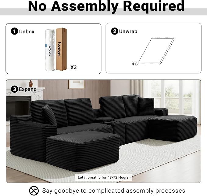 ivoros 150 Inch Modular Sectional Sofa Couch, Oversized Modern Cloud Couch for Living Room, U Shape Couches with 2 Ottomans, USB Ports and Cup Holders, Black Corduroy Boneless Sofas, Sofa in a Box