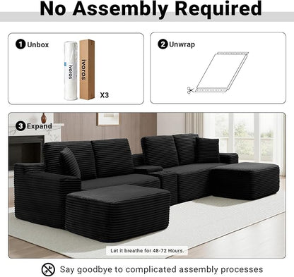 ivoros 150 Inch Modular Sectional Sofa Couch, Oversized Modern Cloud Couch for Living Room, U Shape Couches with 2 Ottomans, USB Ports and Cup Holders, Black Corduroy Boneless Sofas, Sofa in a Box