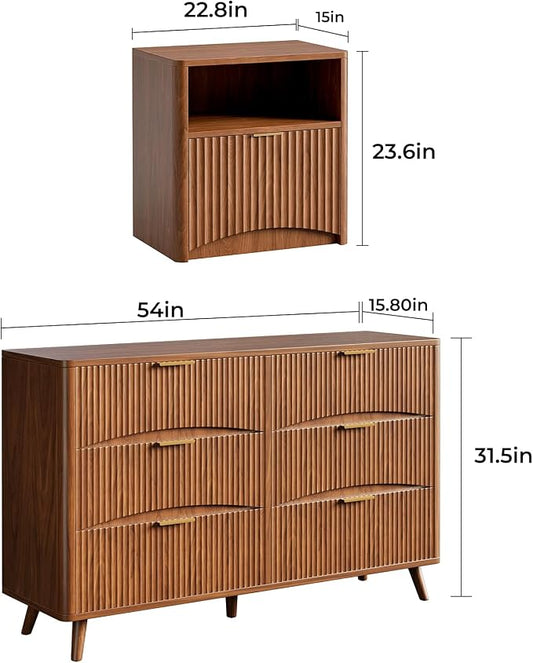 Evermagin 3-Piece Bedroom Furniture Set for Bedroom, 55" Wide Fluted 6-Drawer Dresser with 2 Nightstands, Mid-Century Modern Dresser and Nightstand Set (Walnut)
