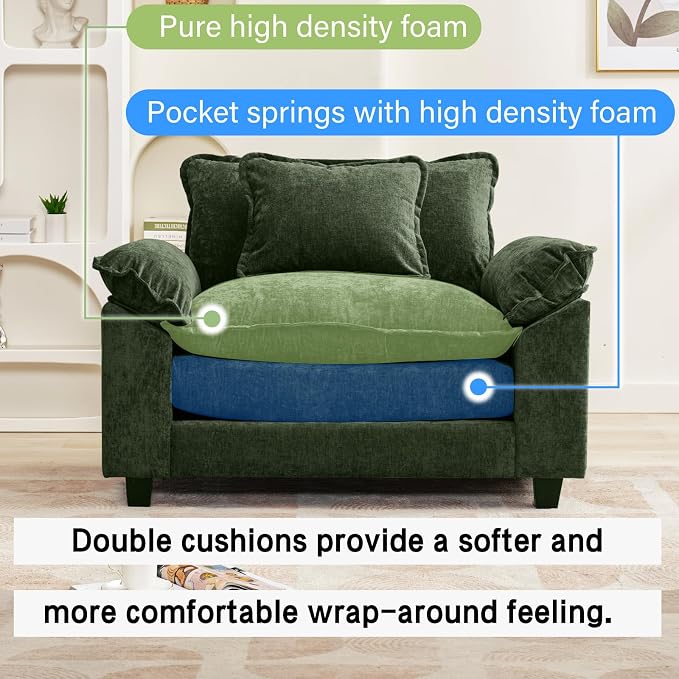 Oprisen Modular Sectional Sofa, Comfy Cloud Couch Sectional Sofa, Chenille Sofa Sleeper Deep Seat Sofa with Throw Pillows for Living Room (Green, 53"- Single Seat)