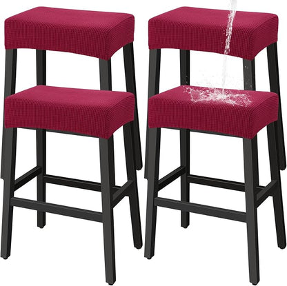 YISUN Stool Covers Rectangle - 4 Pack Stretch Waterproof Saddle Seat Cover Counter Bar Stools Bar Chairs Covers Kitchen Island Chairs Cushion Protector (4, Wine Red)