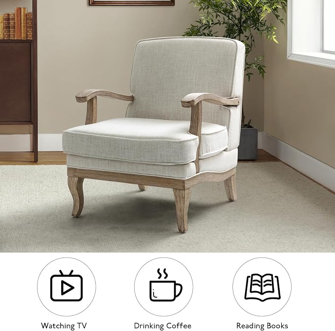HULALA HOME Mid-Century Modern Accent Chair Set of 2, Upholstered Living Room Lounge Chair, Comfy Armchair with Solid Wood Legs & Removable Cushion, Bedroom Lounge Room Sofa Chair (Ivory)