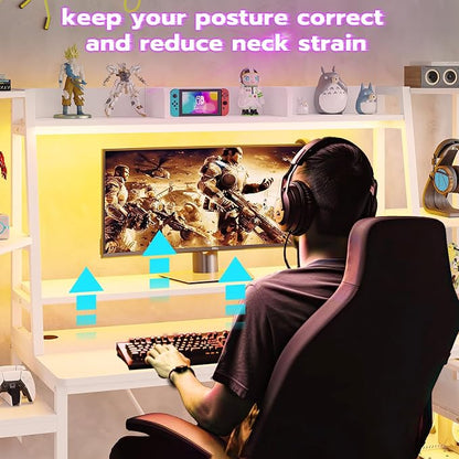 SEDETA White Gaming Desk 65.7'' with LED Lights, Hutch and Storage Shelves, Computer Desk with Monitor Stand, Large PC Gamer Desk Workstation, Ergonomic Gaming Table for Bedroom, Living Room