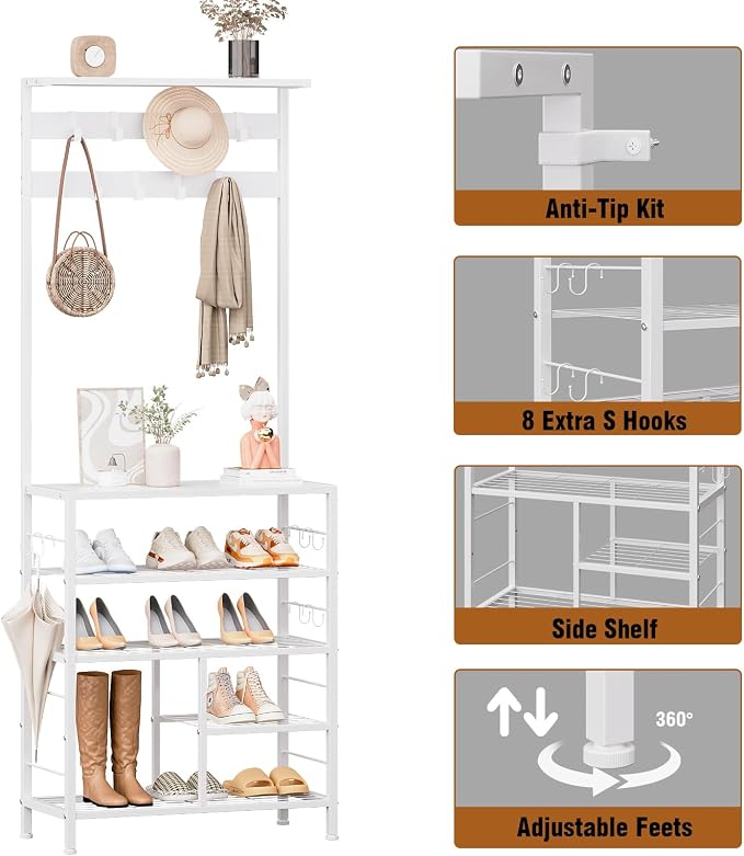GiftGo Modern White Large 5-Tier Hall Tree Entryway Wooden Shoes Rack Shelf Coat Rack with Movable 9 Metal Hooks Storage Organizer for Home Office Bedroom Mudroom Living Room