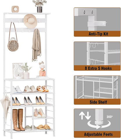 GiftGo Modern White Large 5-Tier Hall Tree Entryway Wooden Shoes Rack Shelf Coat Rack with Movable 9 Metal Hooks Storage Organizer for Home Office Bedroom Mudroom Living Room