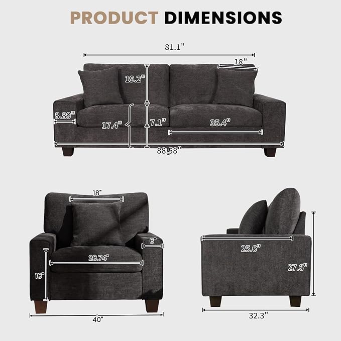 DOPEDIO Modern Living Room Sofa Set, 88.58" Chenille Loveseat with 2 Accent Chairs, Removable Covers, Spring Cushions, Solid Wood Frame, Easy Assembly（88.58inch+2 Single,Dark Grey）