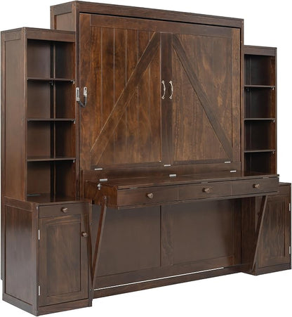 Merax Murphy Bed with Desk, Storage Cabinets and Drawers, Wood Wall Bed with Shelves, Convert to Cabinet, Space-Saving, Queen Size, Dark Brown