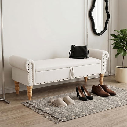 Storage Bench for Bedroom, 60" End of Bed Bench Premium Linen Upholstered Storage Ottoman, Entryway, Closet, Beige