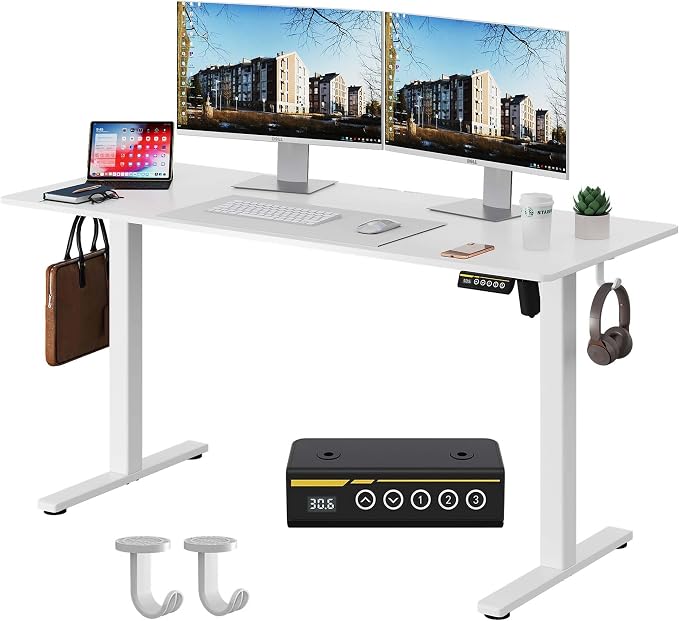 Large Electric Standing Desk,55x24 Inches Adjustable Height Stand up Desk, Sit Stand Home Office Desk, 3 Preset Heights,Equipped with Hooks,Ergonomic Computer Desk Workstation，White