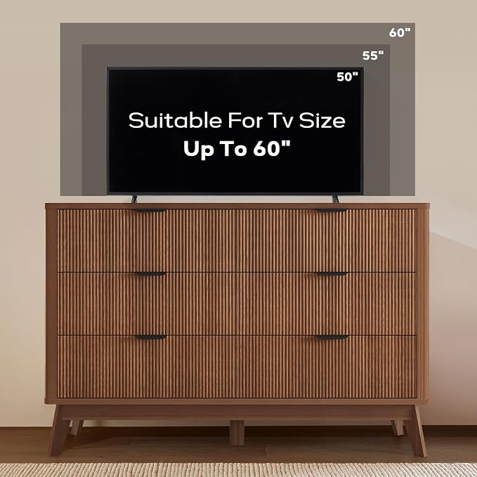 SUNWAVE 6 Drawer Dresser for Bedroom, 49.6" Wide Modern Fluted Dresser with Round Corner, Wood Chest of Drawers for Living Room (Walnut)