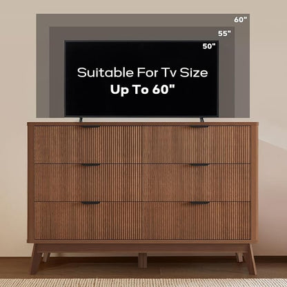SUNWAVE 6 Drawer Dresser for Bedroom, 49.6" Wide Modern Fluted Dresser with Round Corner, Wood Chest of Drawers for Living Room (Walnut)