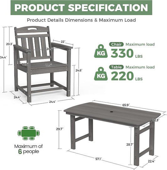 HDPE Outdoor Patio Dining Set with Table & 6 Chairs, All-Weather 7-Piece Outdoor Table and Chairs, 2" Umbrella Hole, Patio Furniture for Garden, Backyard, Deck | Grey