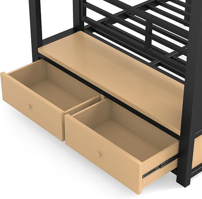 Bellemave Bunk Bed Twin XL Over Twin XL,Metal Bunk Bed with Shelf and Guardrails,Queen Bunk beds with Storage Drawers and Clothes Hooks for Kids, Teens & Adults（Black）