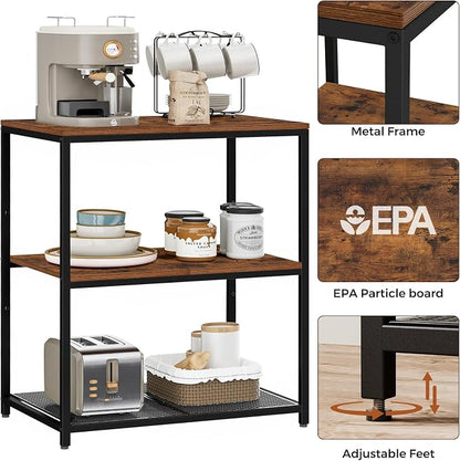 Homleke Kitchen Island with 3 Shelves, Kitchen Shelf with Large Workstation, Bakers Rack, Workbench, Metal Frame, Rustic Brown and Black