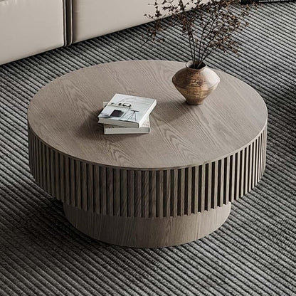 Round Coffee Table with Storage, Modern Wooden Coffee Table with Solid Wood Veneered, Circle Center Table Accent Tea Table for Living Room Apartment Small Space (31.5''L × 31.5''W × 14''H, Grey)