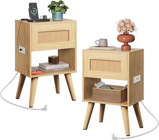 WLIVE Rattan Nightstands Set of 2 with Charging Station, Boho Nightstand, Wood Side Table, Small End Table with Drawers for Bedroom, Natural Oak
