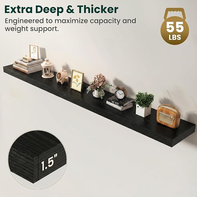 Floating Shelves for Wall, 72 Inch x 8 Inch Deep Wall Mounted Wood Shelf with Invisible Brackets for Storage & Display, Living Room Bedroom Kitchen, Black, Set of 2