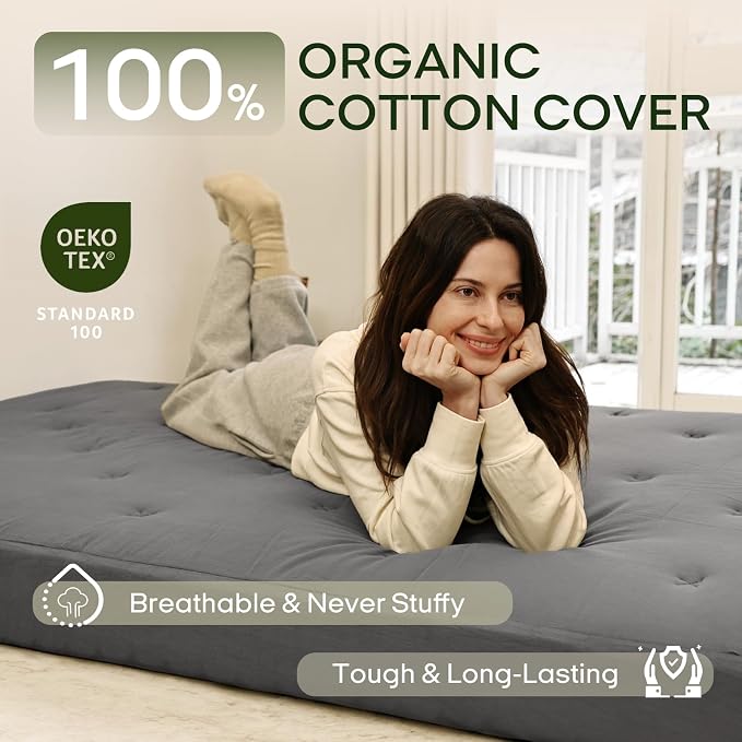 ZonLi Japanese Floor Futon Mattress King Size 76"x 80"100% Cotton Cover 6'' Thicken Tatami Mattress,Foldable Sleeping Pad,Portable Dormitory Tatami Mat,Roll Up Floor Lounger Bed for Adult (Grey)