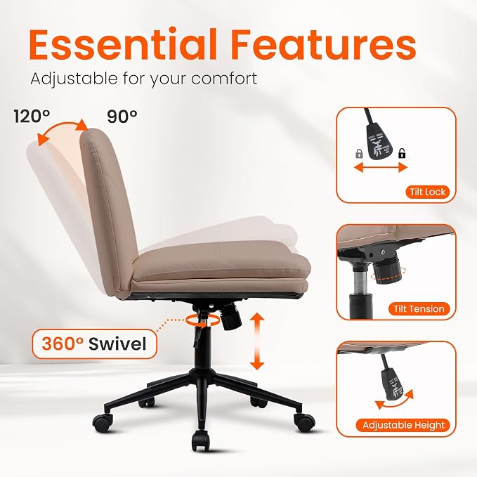 Orange Factory Criss Cross Chair with Wheels Comfy Wide Vanity Desk Chair Dual Base Leather Armless Adjustable Swivel for Home Computer Task (Brown Pu, Faux Leather)