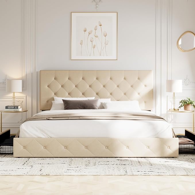Allewie Upholstered King Size Platform Bed Frame with 4 Storage Drawers and Headboard, Diamond Stitched Button Tufted, Mattress Foundation with Wooden Slats Support, No Box Spring Needed, Beige