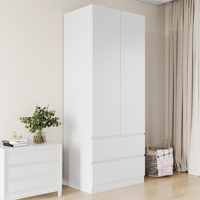 Mekminop Armoire Wardrobe Closet with 2 Doors & 2 Drawers, Bedroom Armoire Clothes Organizer with Hanging Rod, Freestanding Wardrobe Cabinet (31.5”W x 20.39”D x78.74”H)